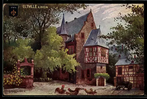Künstler-AK Eltville a. Rhein, Burg, Fachwerkhäuser, Ziehbrunnen