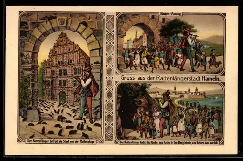 Künstler-AK Hameln, Rattenfänger, Kinder-Auszug, Befreiung von der Rattenplage