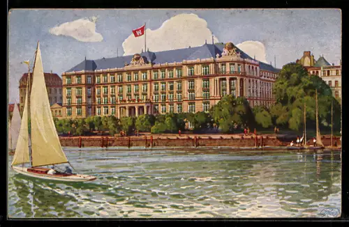 Künstler-AK Hamburg-St.Georg, Hotel Atlantic, Restaurant Pfordte, Aussenalster