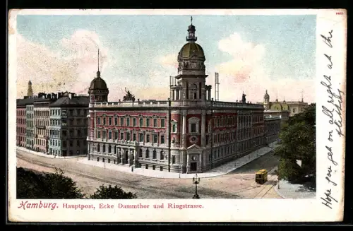 AK Hamburg-Neustadt, Hauptpost Ecke Dammtor und Ringstrasse, Strassenbahn