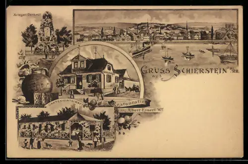 Künstler-AK Schierstein a. Rh., Krieger-Denkmal, Gartenwirtschaft, Restaurant Albert Ermert