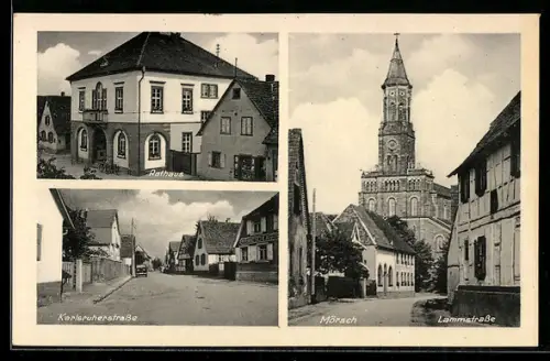 AK Mörsch, Rathaus, Karlsruherstrasse, Lammstrasse m. Kirche