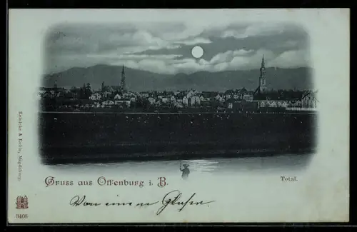 Mondschein-AK Offenburg i. B., Totalansicht bei Nacht