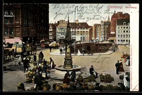 AK Hamburg, Messberg, Markt mit Brunnen und Geschäftshäusern, Strassenbahn