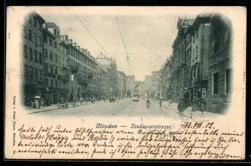 AK München, Neuhauserstrasse mit Strassenbahn und Geschäftsgebäuden