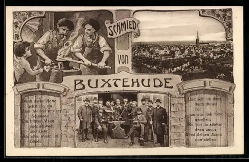 AK Buxtehude, Schmied, Stadtansicht, Schmiedegesellen