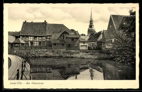 AK Stade /Elbe, Am Pottwärder, Fachwerkhäuser, Kirchturm