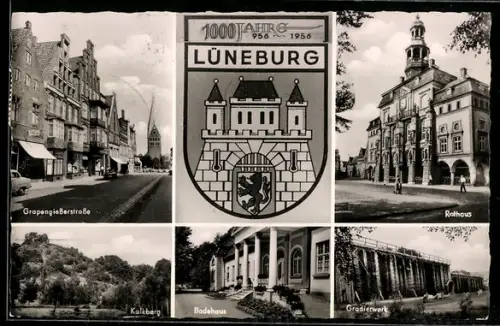 AK Lüneburg, Rathaus, Grapengiesserstrasse, Gradierwerk, 1000-jähr. Jubiläum 1956, Festpostkarte