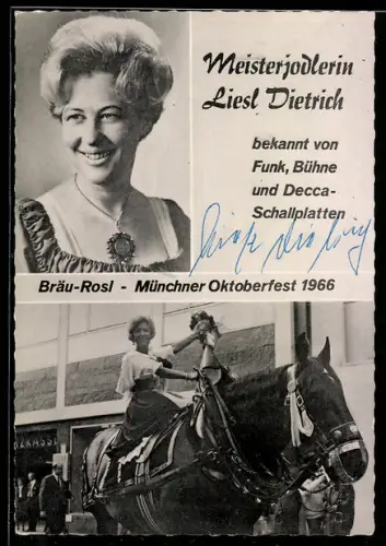 AK Meisterjodlerin Liesl Dietrich im Portrait und zu Pferd
