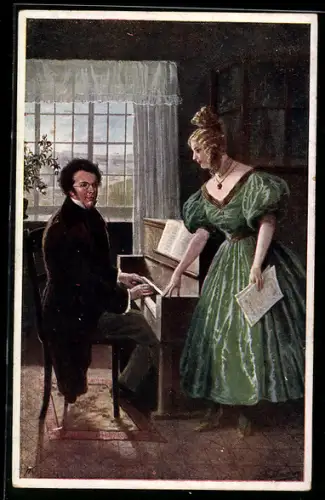 AK Junge Frau hört dem Komponisten Franz Schubert beim Spielen zu