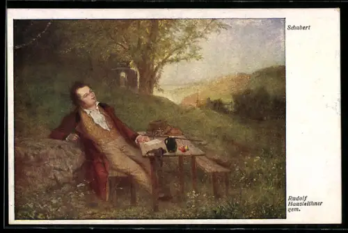 Künstler-AK Schubert sitzt auf einer Bank in der Natur
