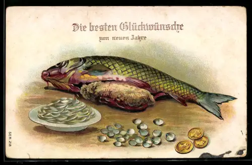 AK Münzen, Perlen und ein Fisch