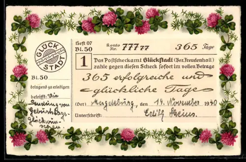 AK Postscheck über 365 erfolgreiche Tage, Kleeblüten und Kleeblätter