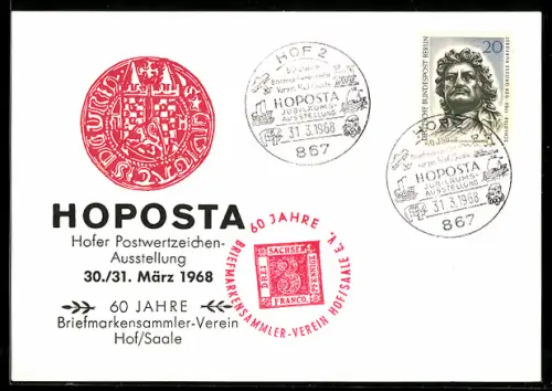 AK Hof /Saale, Hofer Postwertzeichen-Ausstellung Hoposta 1968, 60 Jahre Briefmarken-Sammler Verein