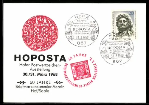 AK Hof /Saale, Hofer Postwertzeichen-Ausstellung Hoposta 1968, 60 Jahre Briefmarken-Sammler Verein