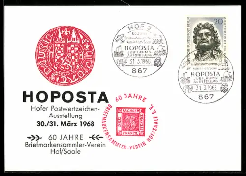 AK Hof /Saale, Hofer Postwertzeichen-Ausstellung Hoposta 1968, 60 Jahre Briefmarken-Sammler Verein