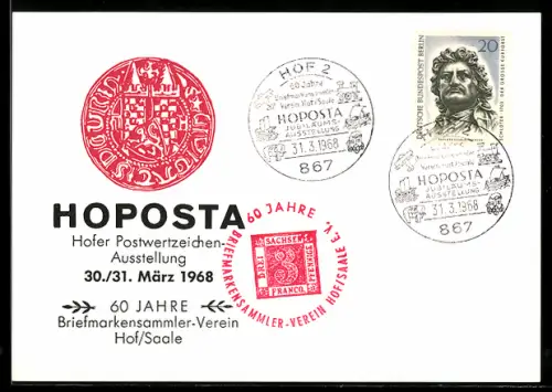 AK Hof /Saale, Hofer Postwertzeichen-Ausstellung Hoposta 1968, 60 Jahre Briefmarken-Sammler Verein