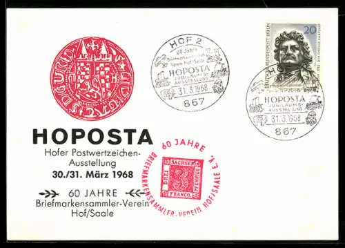 AK Hof /Saale, Hofer Postwertzeichen-Ausstellung Hoposta 1968, 60 Jahre Briefmarken-Sammler Verein