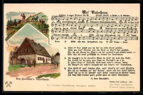 Lied-AK Anton Günther Nr. 18: Mei Vaterhaus, Familie vor einem Haus