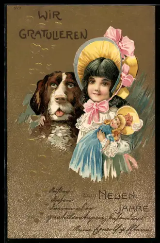 Lithographie Mädchen mit Puppe im Arm und Hund