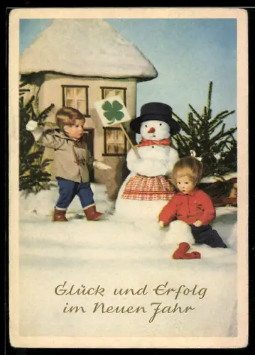 AK Käthe Kruse-Puppen bauen einen Schneemann