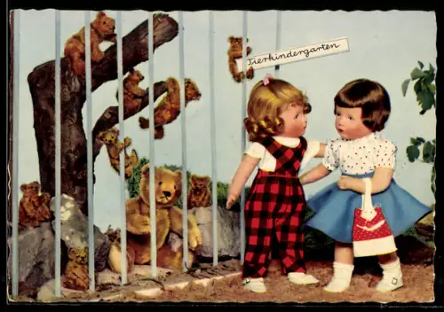 AK Käthe Kruse-Puppen im Tierkindergarten mit Teddybären