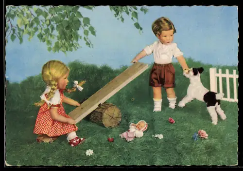 AK Käthe Kruse-Puppen spielen mit Wippe und Hund