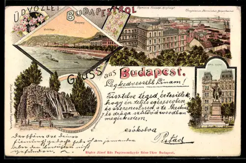Lithographie Budapest, Blocksberg, Obergymnasium, Oberrealschule und Margaretheninsel, Eötvos-Monument