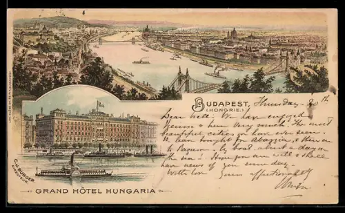 Lithographie Budapest, Grand Hotel Hungaria, Gesamtansicht, Dampfer