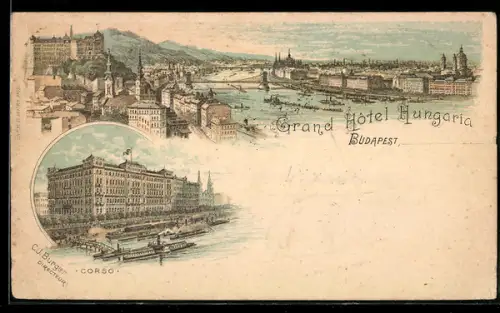 Lithographie Budapest, Ortsansicht mit Donau, Corso
