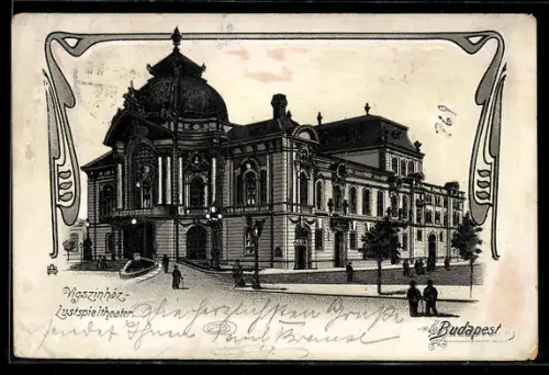 Lithographie Budapest, Lustspieltheater mit Passanten