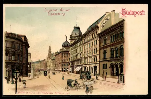 Lithographie Budapest, Strassenbahn am Elisabethring