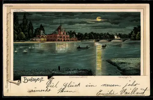 Lithographie Budapest, Stadtwäldchenteich mit Booten bei Vollmond
