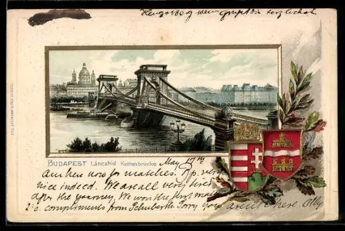 Passepartout-Lithographie Budapest, Lanczhid, Kettenbrücke, Wappen m. Laubzweigen