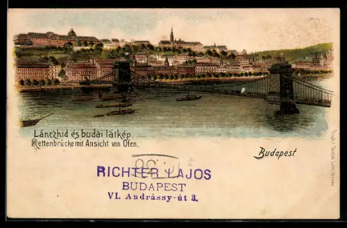 Lithographie Budapest, Kettenbrücke mit Ansicht von Ofen