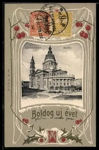 AK Budapest, Basilika im Passepartout mit Stechpalmenzweigen