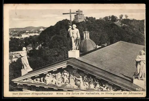 AK Wilna, Die Spitze der Kathedrale und Schlossberg im Hintergrund