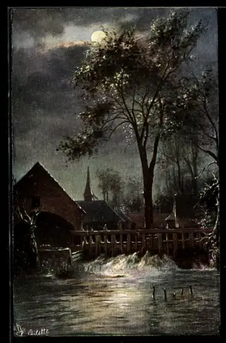 Künstler-AK Montreuil-sur-Mer, Ortspartie mit Kirche im Mondlicht