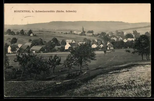 AK Rosenthal-Schweizermühle, Ortsansicht mit Kirche und Wohnhäusern