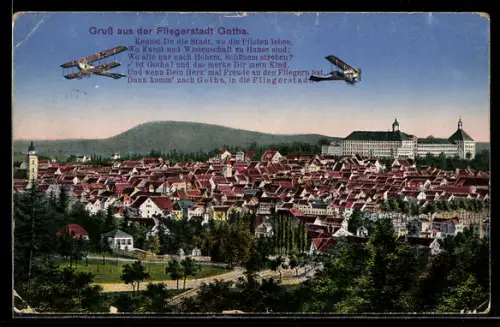 AK Gotha, Stadtansicht mit Schloss Friedenstein und Flugzeugen