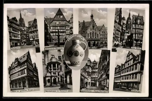 AK Alt-Frankfurt, Römer, Altdeutsche Bierstube, Haus zur goldenen Waage, Goethehaus und Alter Markt