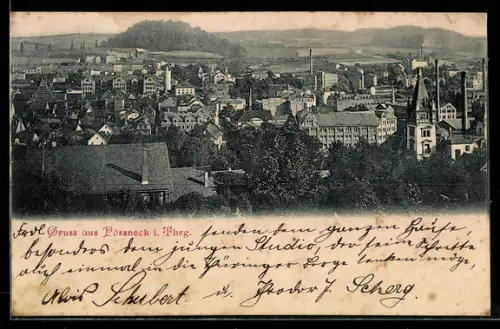 AK Pössneck i. Thrg., Stadtansicht mit Kirche und Panorama