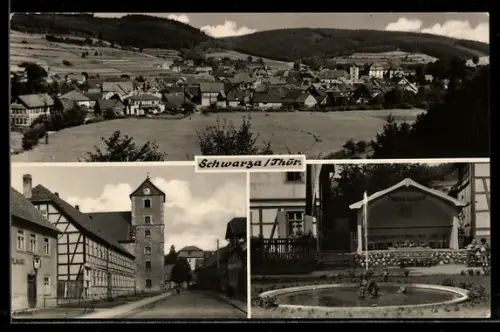 AK Schwarza /Thür., Ortsansicht, Turm, Musikpavillon