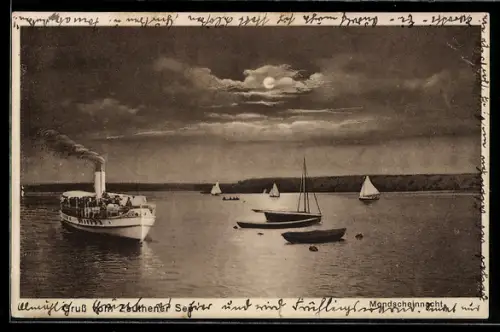 AK Zeuthen, Zeuthener See, Dampfer, Segelboote, Mondschein