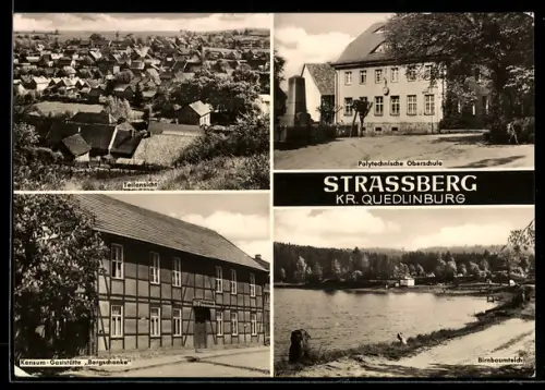 AK Strassberg /Quedlinburg, Teilansicht, Polytechnische Oberschule, Konsum-Gasthaus Bergschenke, Birnbaumteich