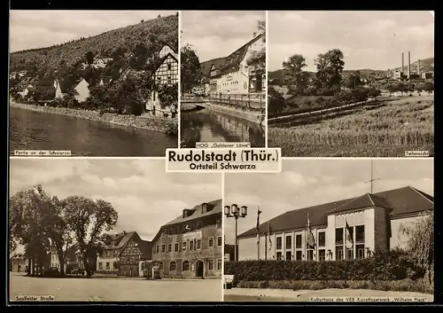 AK Rudolstadt /Schwarza, HO-Gaststätte Goldener Löwe, Kulturhaus VEB Kunstfaserwerk Wilhelm Pieck, An der Schwarza