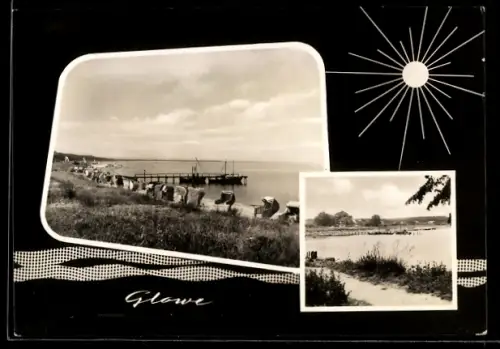 AK Glowe, Strand mit Strandkörben und Seebrücke