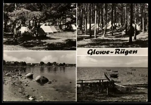 AK Glowe /Rügen, Zeltlager, Strand, Fischerboote
