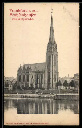AK Frankfurt a. M.-Sachsenhausen, Dreikönigskirche vom Wasser aus