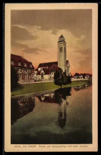 AK Kehl, Partie am Stadtweiher mit katholischer Kirche